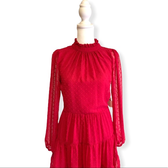 Altar’d State Rich Ruby Red Long Sleeve Tiered High Neck Swiss Dot Holiday Dress - Picture 7 of 11